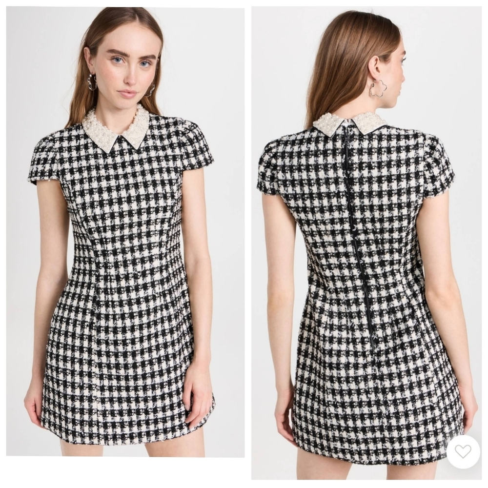Alice + Olivia Velia Tweed Mini Dress Black Crystal Pearl Collar Size 10 - Picture 7 of 15